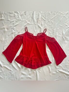 NWT Medium CandyApple Red Crochet Lace Cold Shoulder Cami Peplum Flare Dress Top